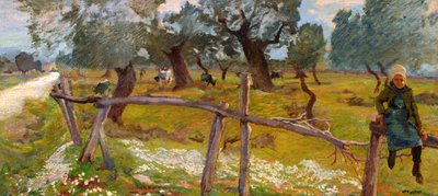 Olive Grove with Peasant by Mario Puccini